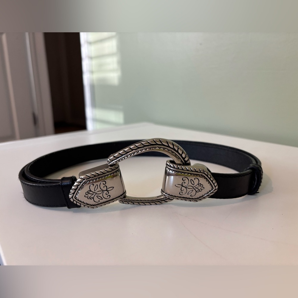CHICOS “S” Black Leather Belt - Adjustable Gorgeous silver tone buckle!
